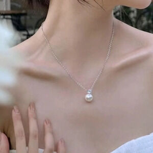 NEW‎ Simulated Pearl Diamond Necklace White Gold/925 Silver 16-18"